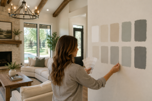 Homeowner testing interior paint colors in a modern Texas home with natural light