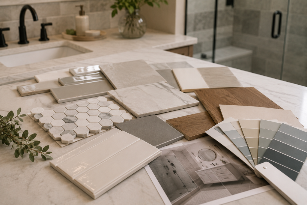 Bathroom remodeling material selection including tile, stone, and color samples in Huntsville TX