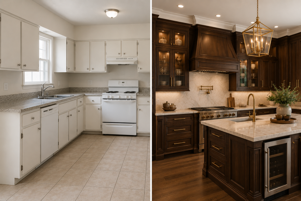 Side-by-side comparison of stock cabinets and custom cabinetry for luxury homes