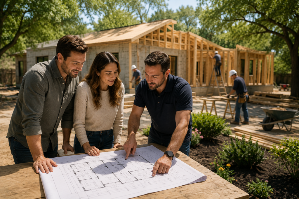 Homeowners reviewing custom home plans with a design-build contractor at a residential construction site in Texas
