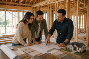 Homeowners meeting with a design-build professional inside a custom home under construction