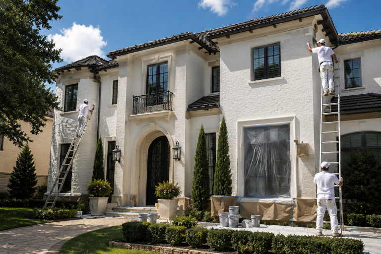 Professional painters repainting the exterior of a luxury Texas home