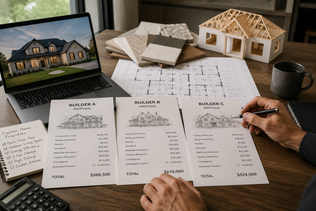 Homeowner comparing custom home builder proposals and construction budgets in Huntsville TX