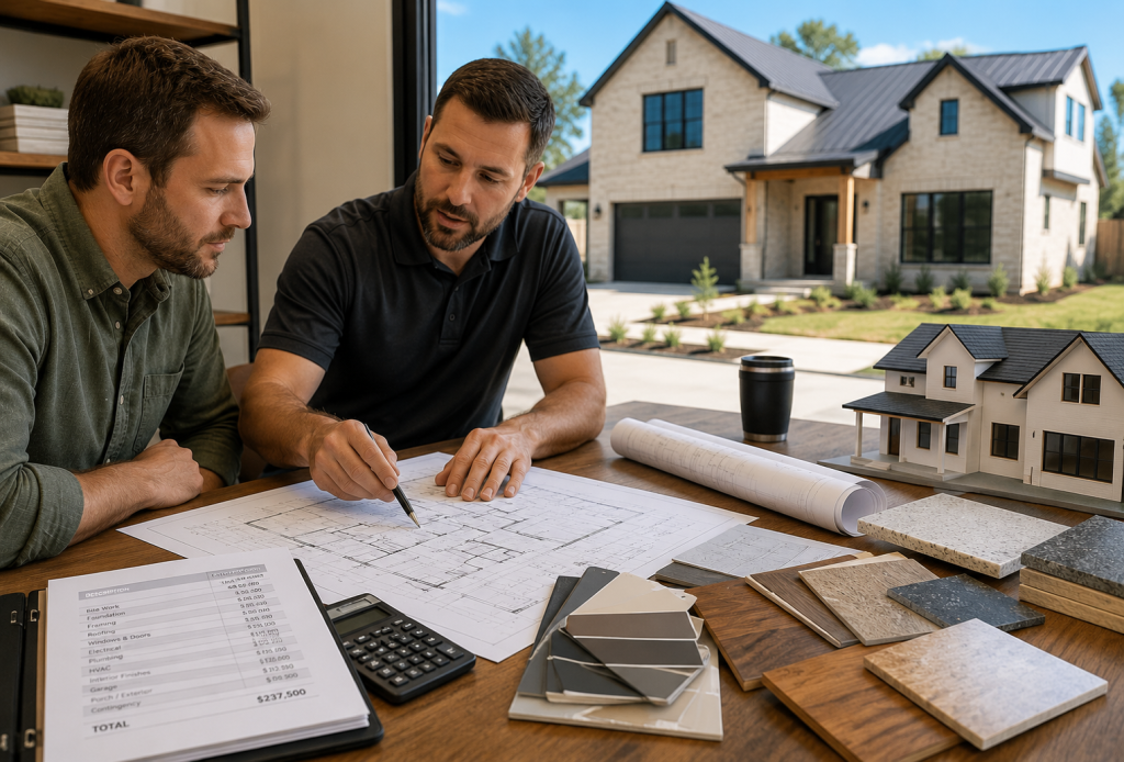 Homeowner meeting with a custom home builder to review floor plans, budgets, and material options in Texas
