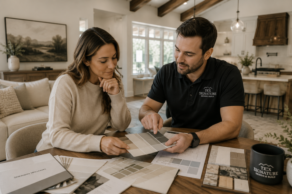 Homeowner reviewing paint color samples with a design consultant in a Texas home