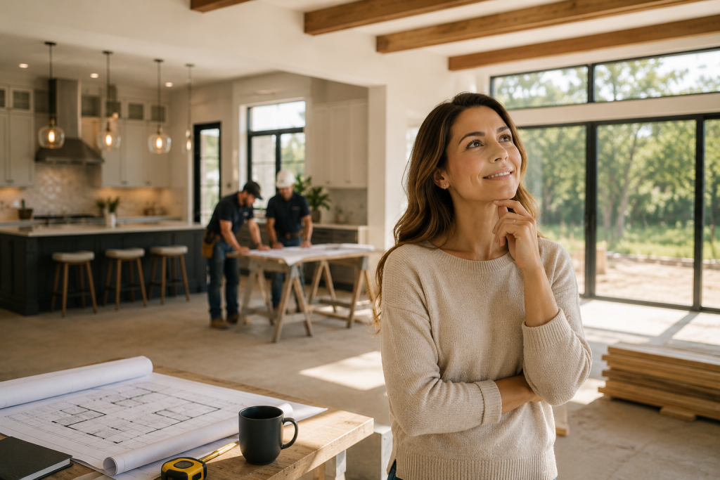 Homeowner envisioning her future custom home while working with a design-build construction team in Texas