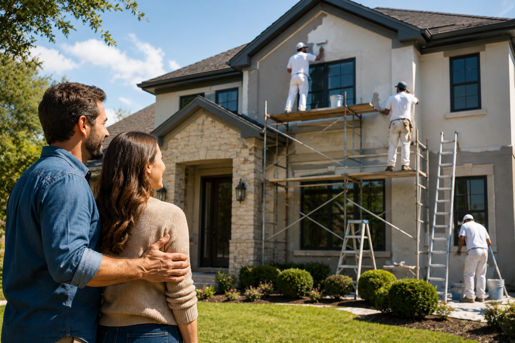 Homeowners satisfied with a remodeling contractor during an exterior home renovation project in Texas