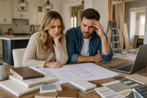 Homeowners planning a renovation while reviewing blueprints to avoid common remodeling mistakes before construction begins.
