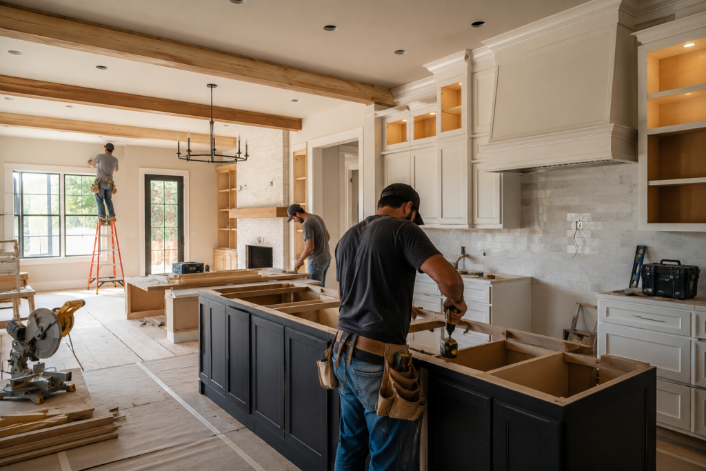 Professional remodeling team completing a luxury kitchen renovation showcasing the best home improvements for Texas homes.
