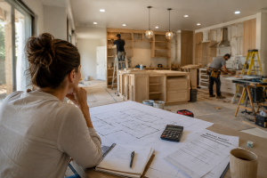 Homeowner reviewing the cost to remodel a home in Texas with a design-build contractor while a home renovation is in progress
