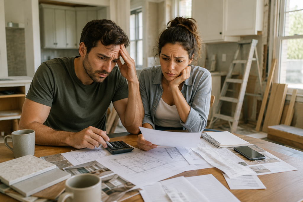 Homeowners reviewing renovation plans and expenses to avoid remodeling mistakes caused by underestimating a home remodeling budget.