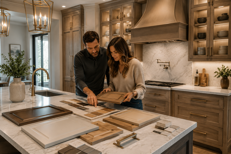 Homeowners selecting custom kitchen cabinets, wood finishes, and hardware for a luxury kitchen remodeling project in Texas.