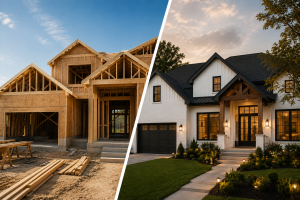 Design-build vs traditional construction comparison showing a custom home during construction and the completed luxury home.