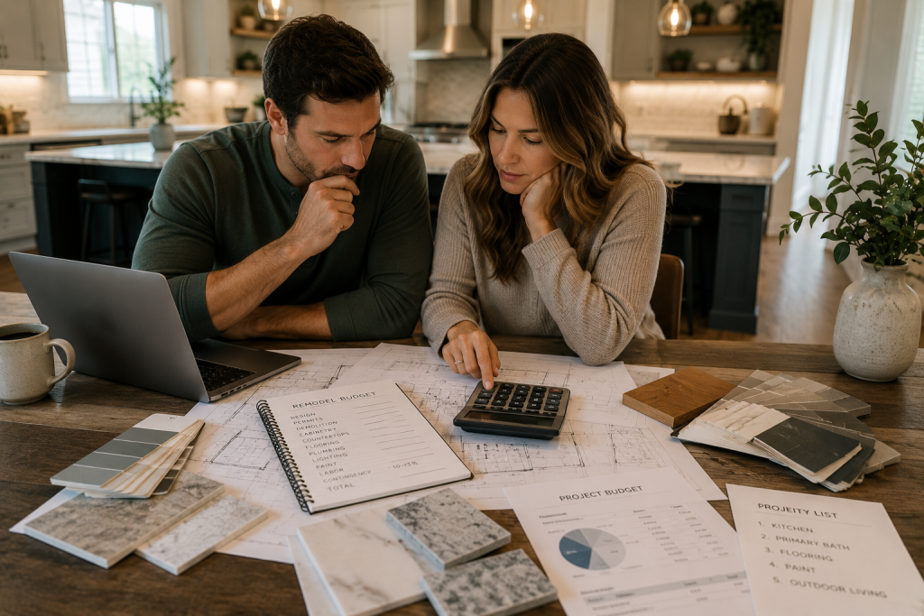 Texas homeowners planning their dream home remodel budget while reviewing construction plans, material samples, and renovation costs.