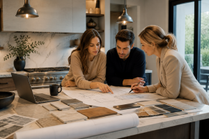 Homeowners planning their dream home remodel with a designer while reviewing floor plans, material samples, and finishes for a luxury renovation.