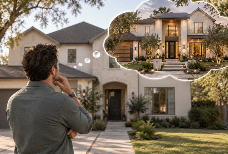 Texas homeowner considering whether remodeling will increase property value while imagining a renovated version of his home.