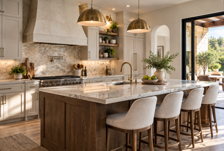 Kitchen remodeling ideas featuring a custom kitchen island, cabinetry, lighting, and modern finishes in a Texas home.
